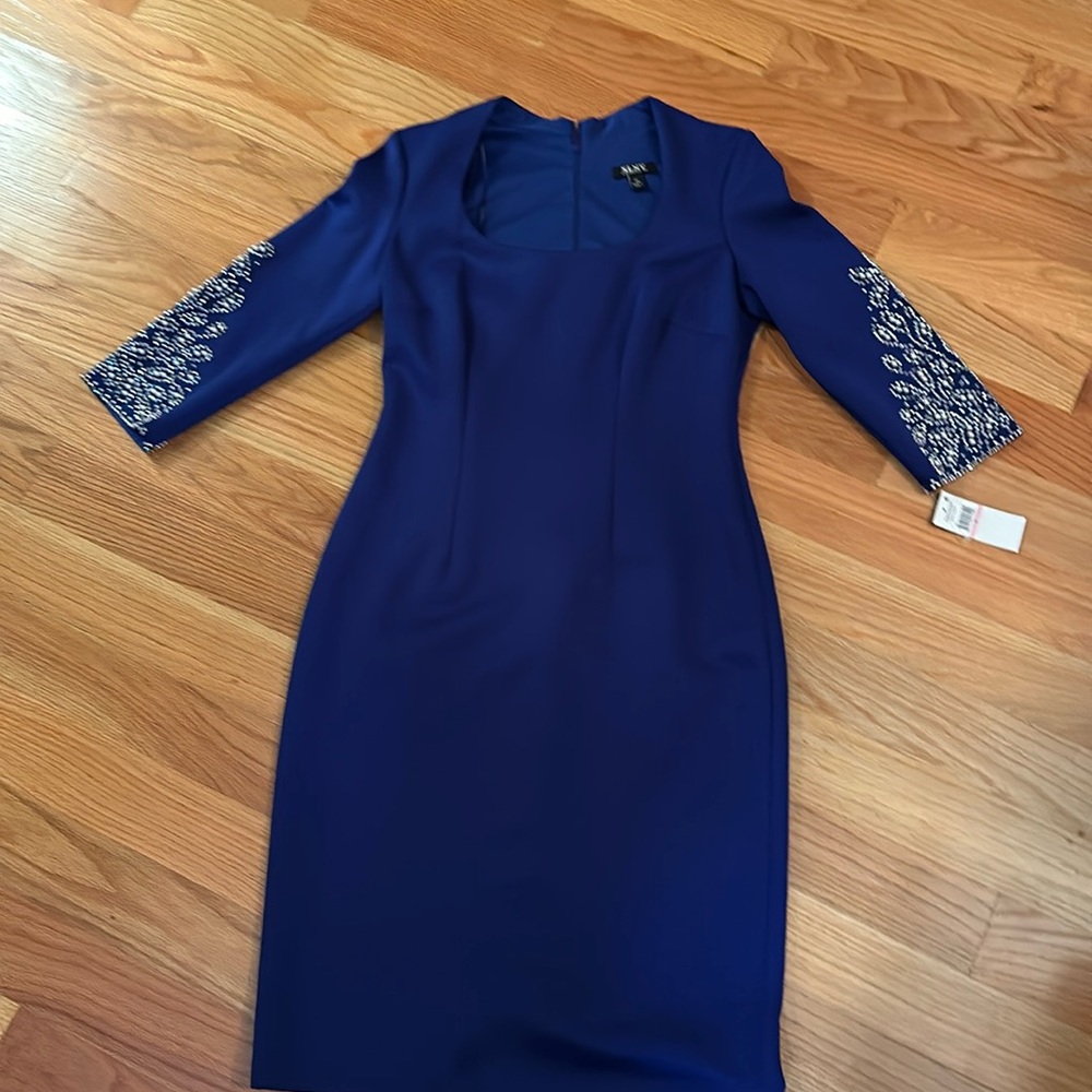 SLNK blue sheath dress with beaded sleeve. Size 10